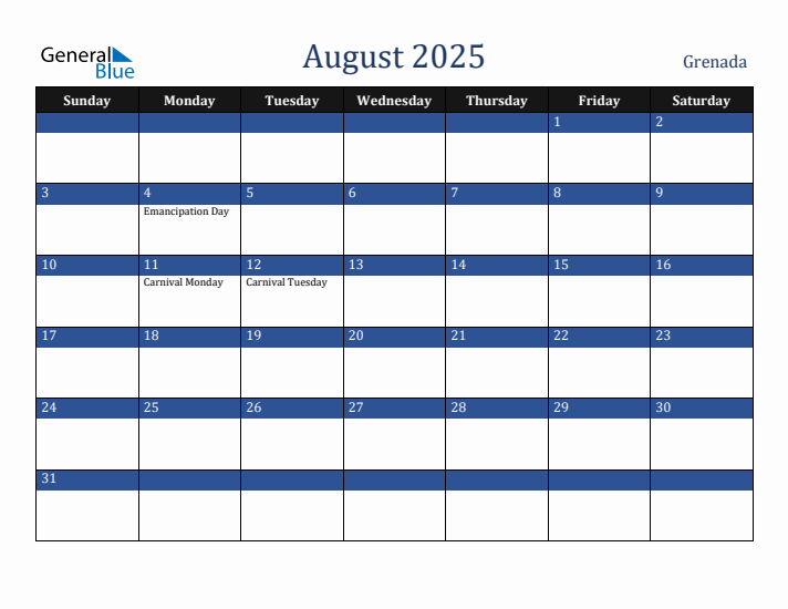 August 2025 Grenada Calendar (Sunday Start)