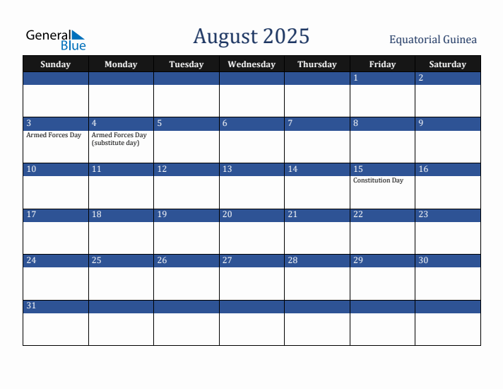 August 2025 Equatorial Guinea Calendar (Sunday Start)
