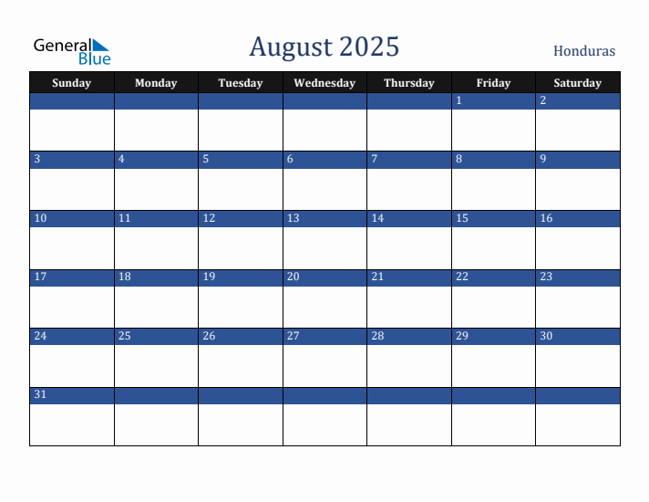 August 2025 Honduras Calendar (Sunday Start)