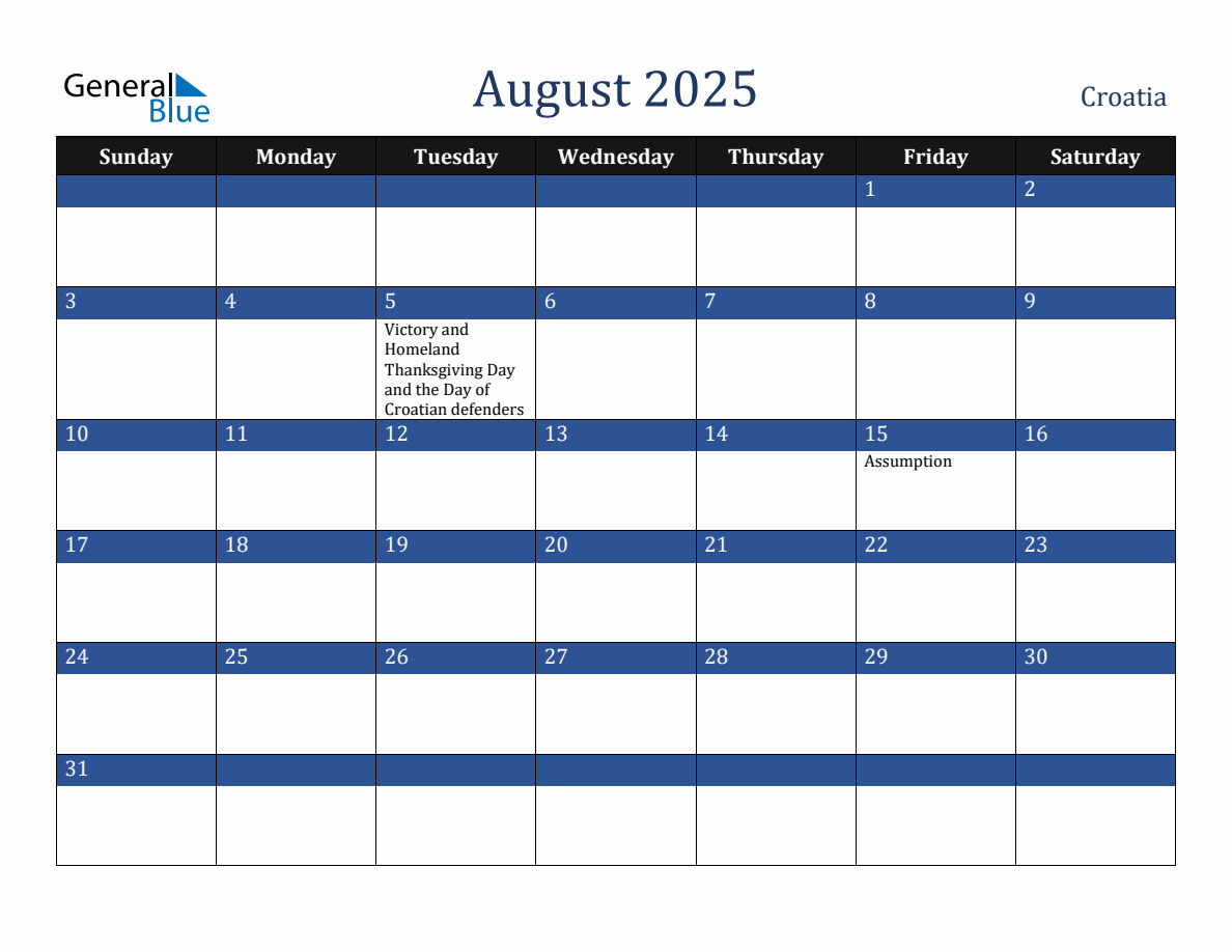 August 2025 Croatia Holiday Calendar