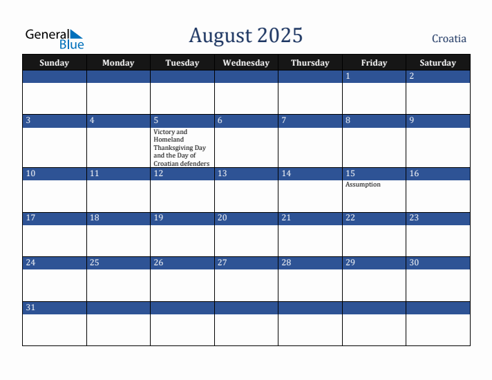 August 2025 Croatia Calendar (Sunday Start)