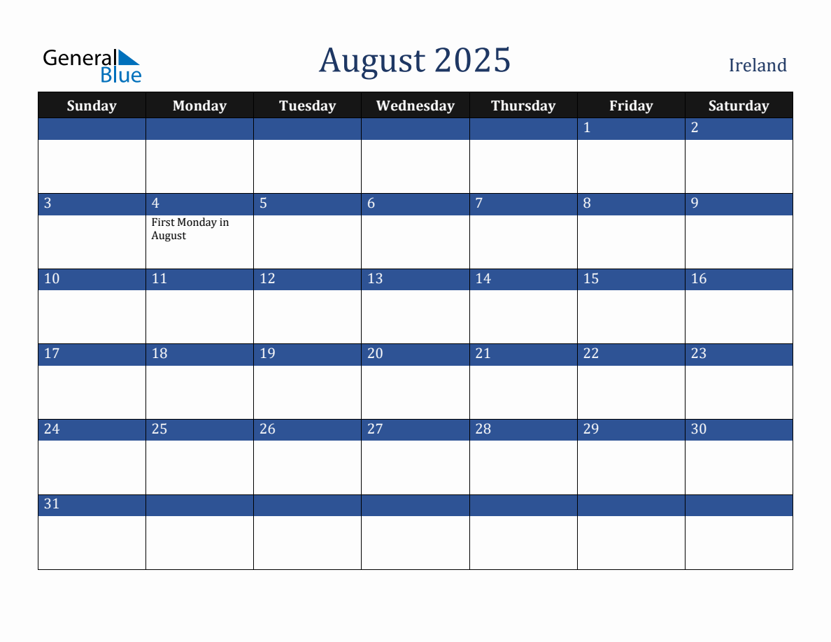 August 2025 Ireland Holiday Calendar