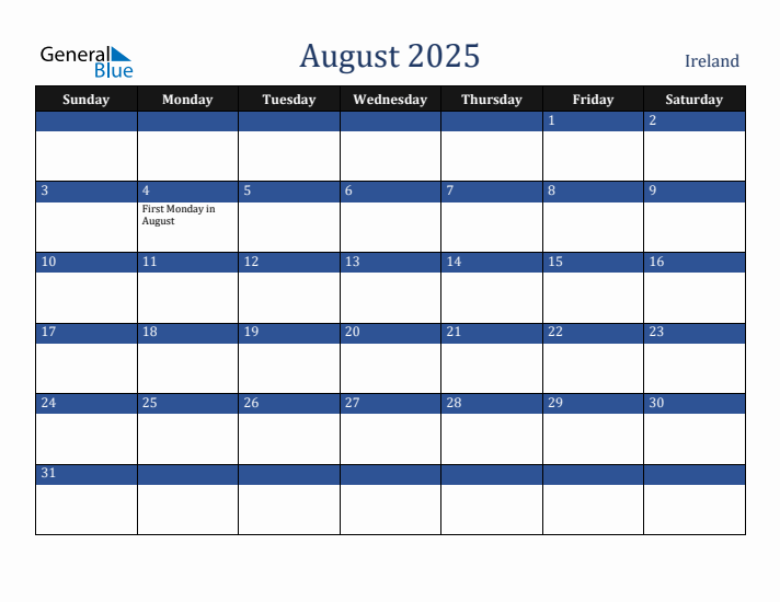 August 2025 Ireland Calendar (Sunday Start)