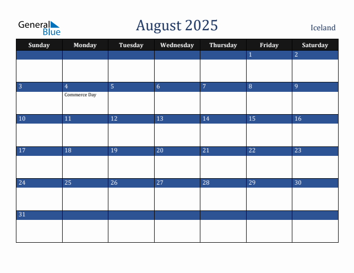 August 2025 Calendar with Iceland Holidays