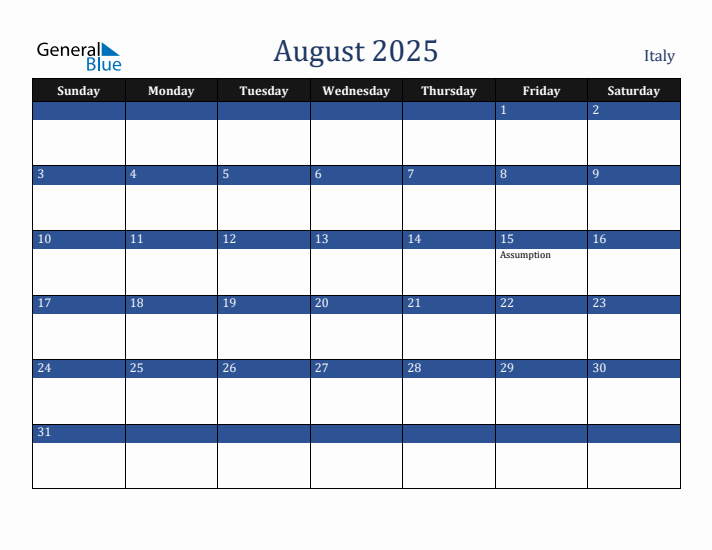 August 2025 Italy Calendar (Sunday Start)