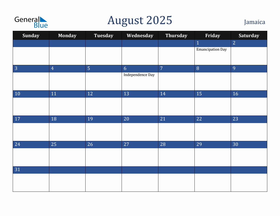 August 2025 Jamaica Holiday Calendar