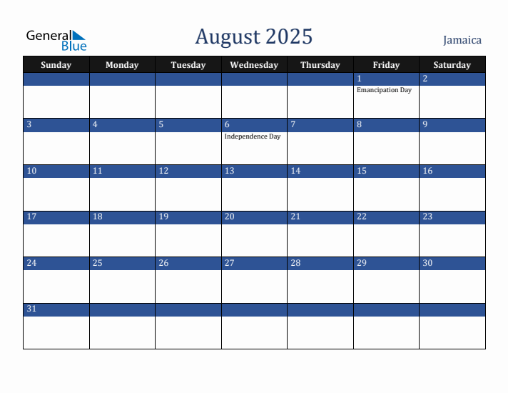 August 2025 Jamaica Calendar (Sunday Start)