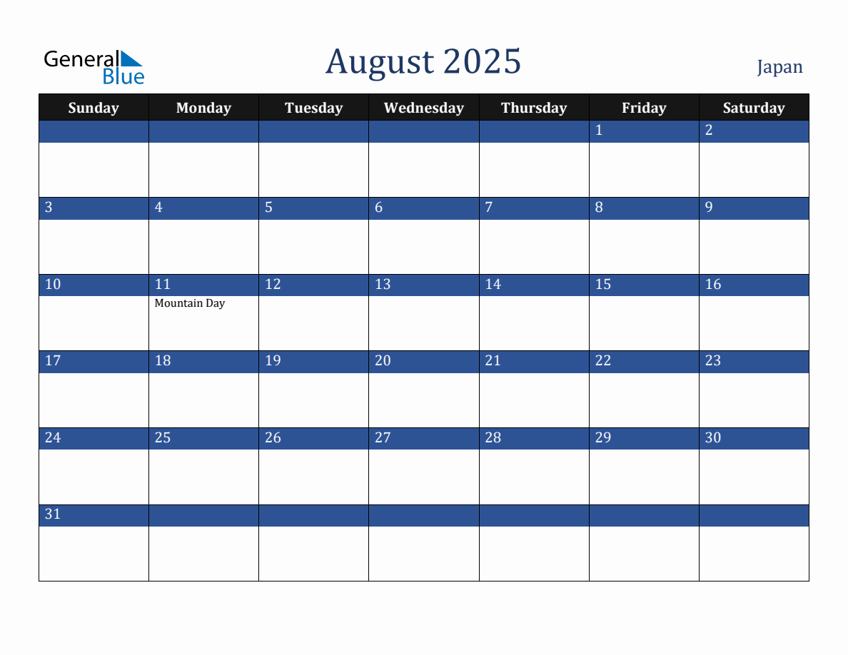 August 2025 Japan Holiday Calendar