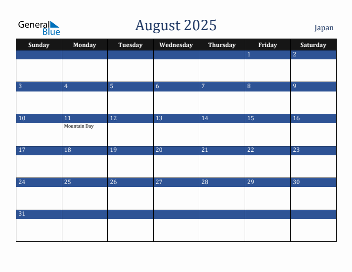 August 2025 Japan Calendar (Sunday Start)
