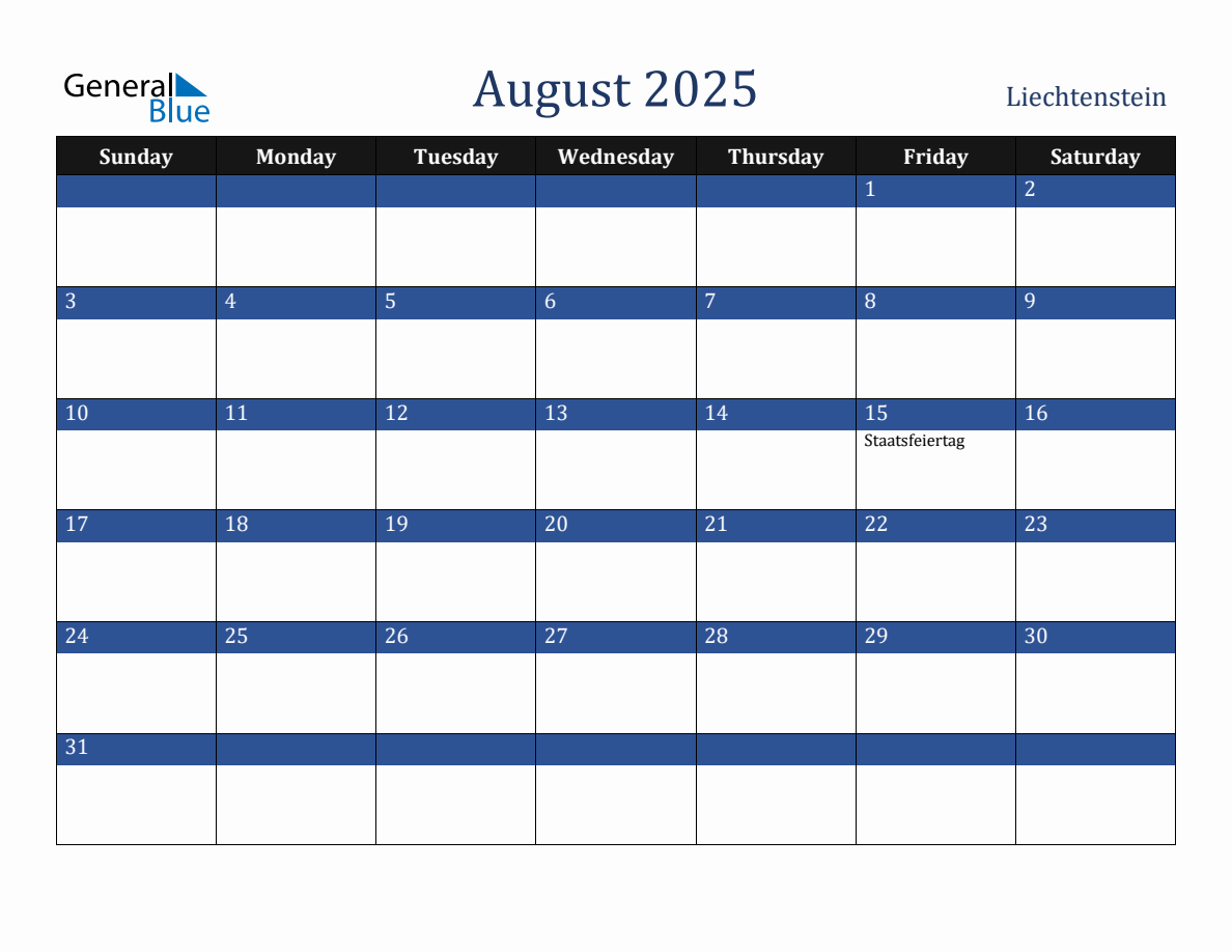 August 2025 Liechtenstein Holiday Calendar