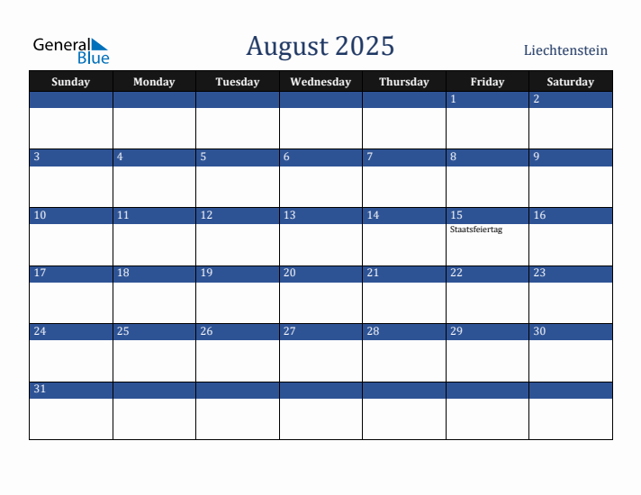 August 2025 Liechtenstein Calendar (Sunday Start)