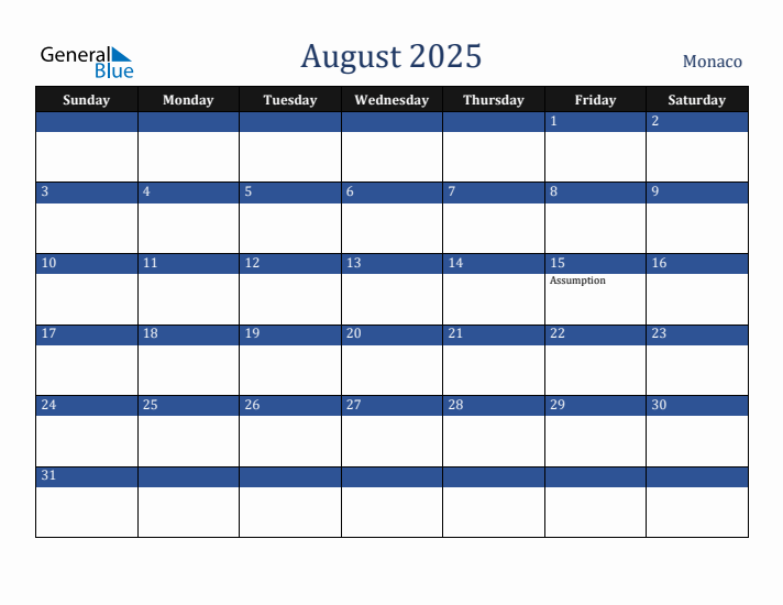 August 2025 Monaco Calendar (Sunday Start)