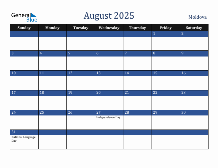 August 2025 Moldova Calendar (Sunday Start)