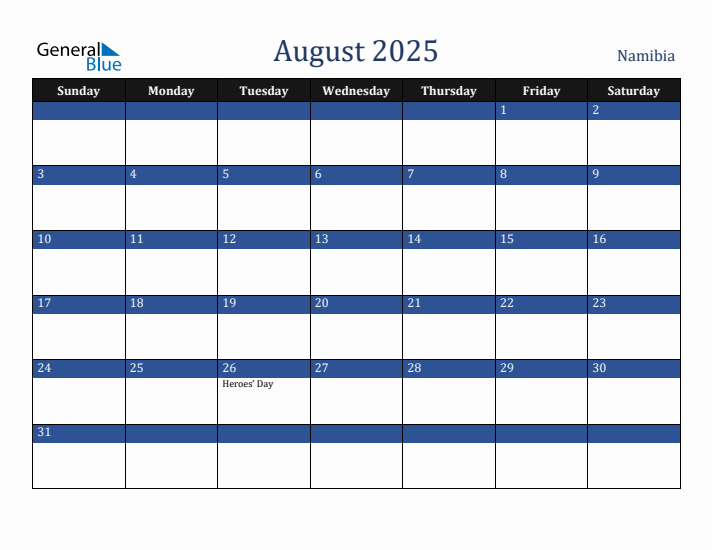 August 2025 Namibia Calendar (Sunday Start)