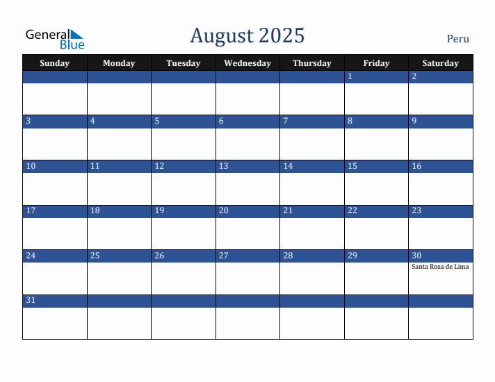 August 2025 Peru Calendar (Sunday Start)