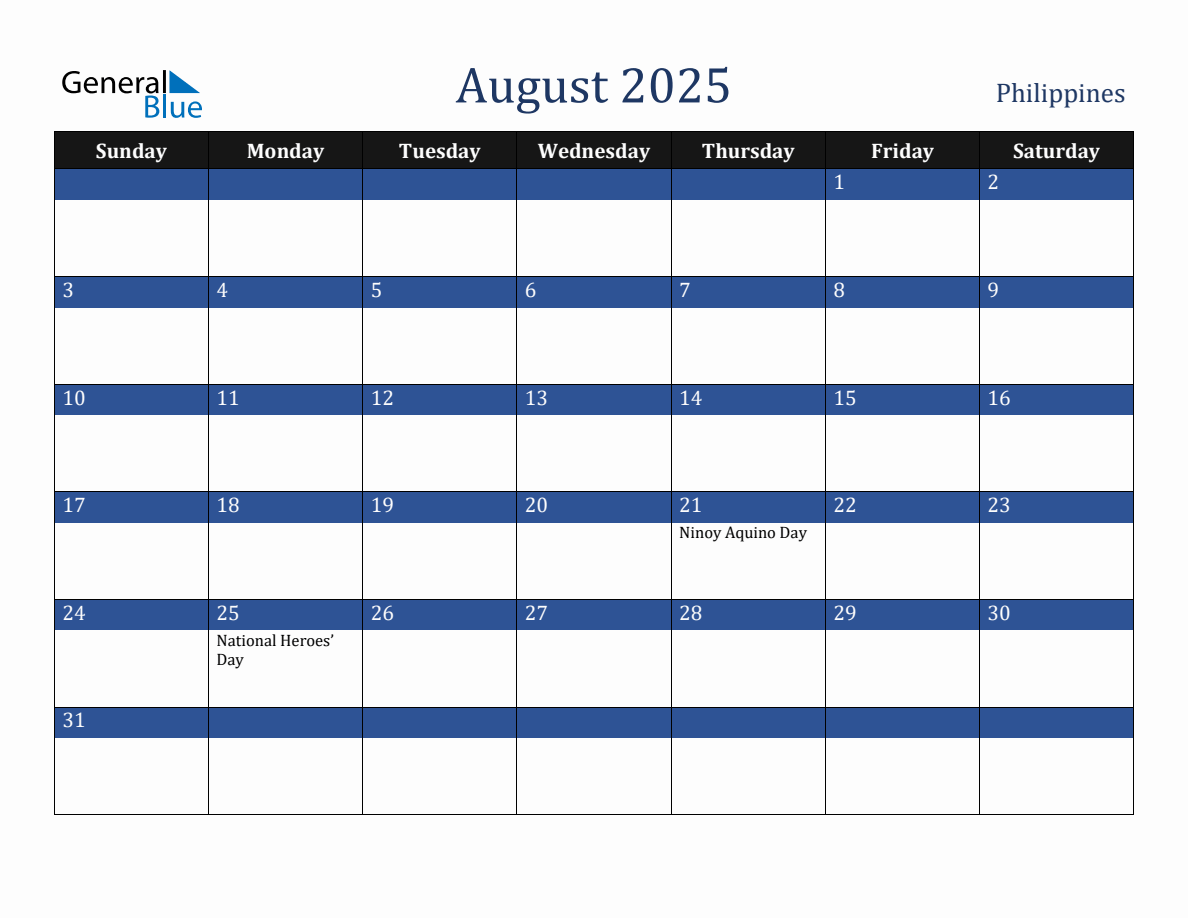 August 2025 Philippines Holiday Calendar