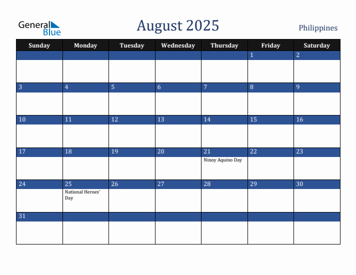 August 2025 Philippines Calendar (Sunday Start)
