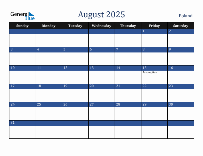 August 2025 Poland Calendar (Sunday Start)