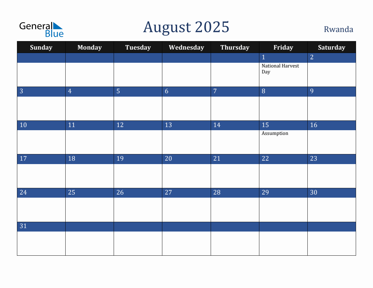 August 2025 Rwanda Holiday Calendar