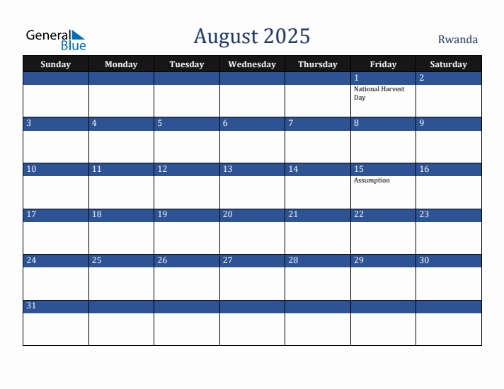 August 2025 Rwanda Calendar (Sunday Start)