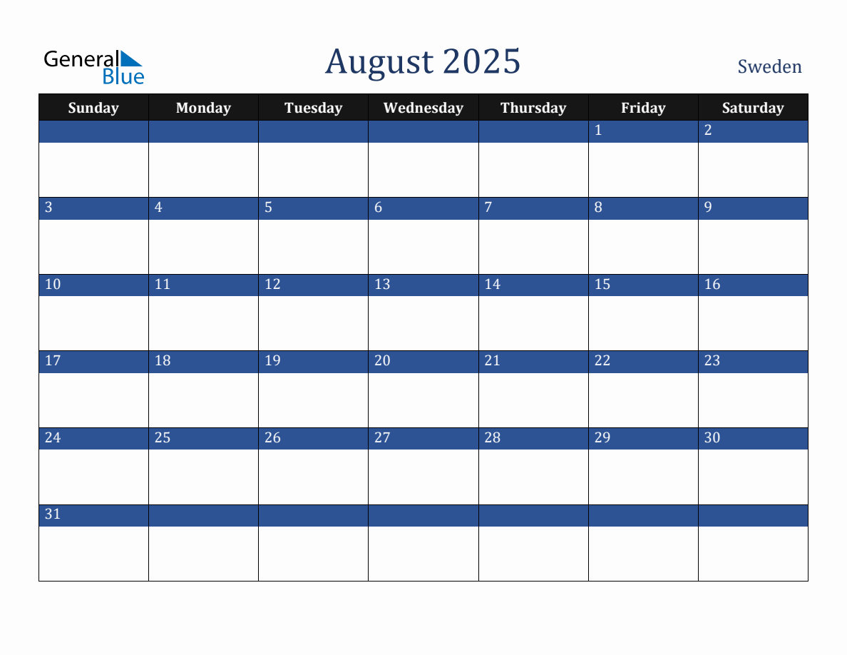 August 2025 Sweden Holiday Calendar