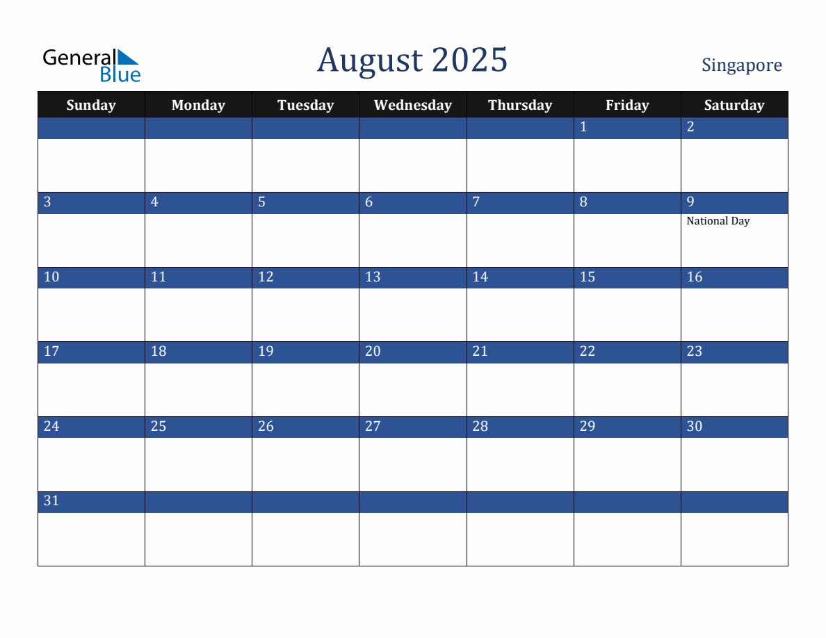 August 2025 Singapore Holiday Calendar