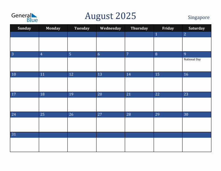 August 2025 Singapore Calendar (Sunday Start)