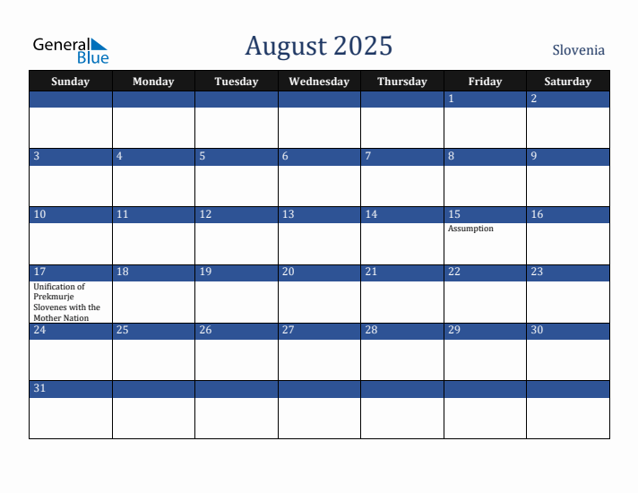 August 2025 Slovenia Calendar (Sunday Start)