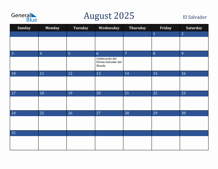 August 2025 El Salvador Calendar (Sunday Start)
