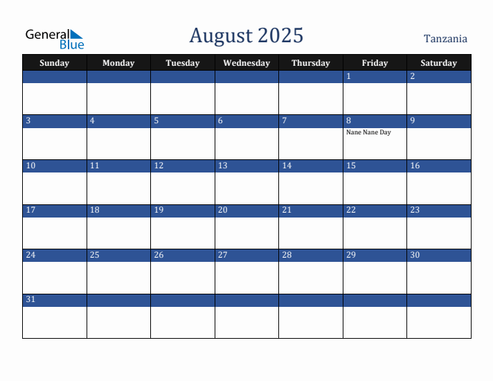August 2025 Tanzania Calendar (Sunday Start)
