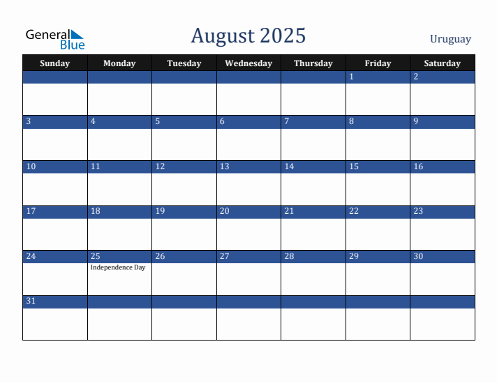 August 2025 Uruguay Calendar (Sunday Start)