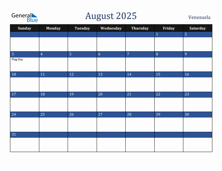 August 2025 Venezuela Calendar (Sunday Start)
