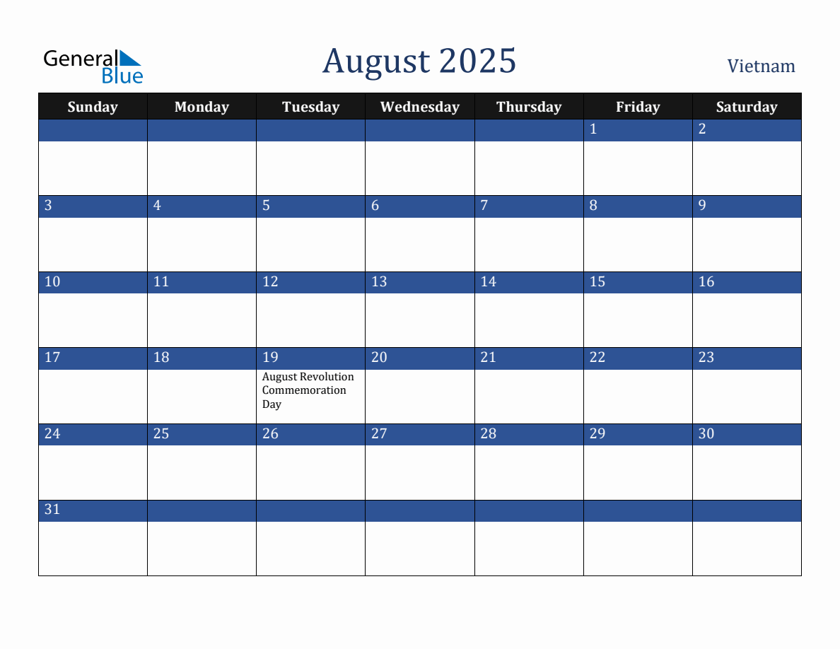 August 2025 Vietnam Holiday Calendar