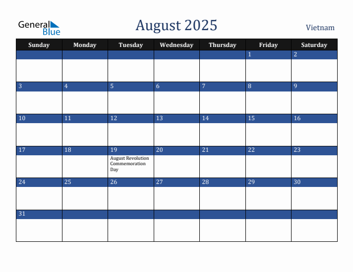 August 2025 Vietnam Calendar (Sunday Start)