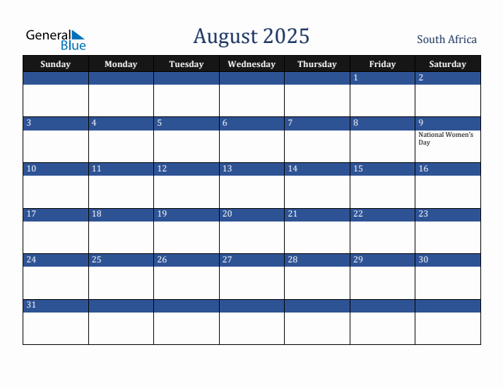 August 2025 South Africa Calendar (Sunday Start)