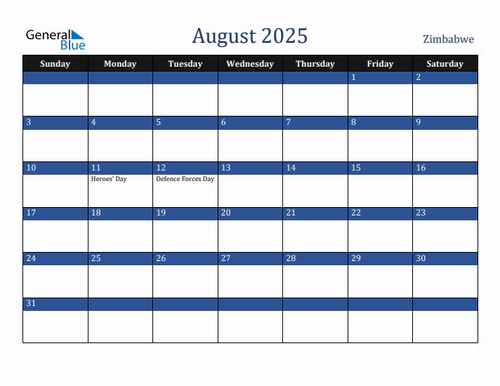 August 2025 Zimbabwe Calendar (Sunday Start)