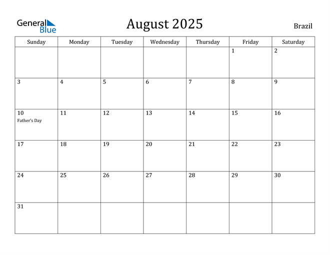 Brazil August 2025 Calendar with Holidays