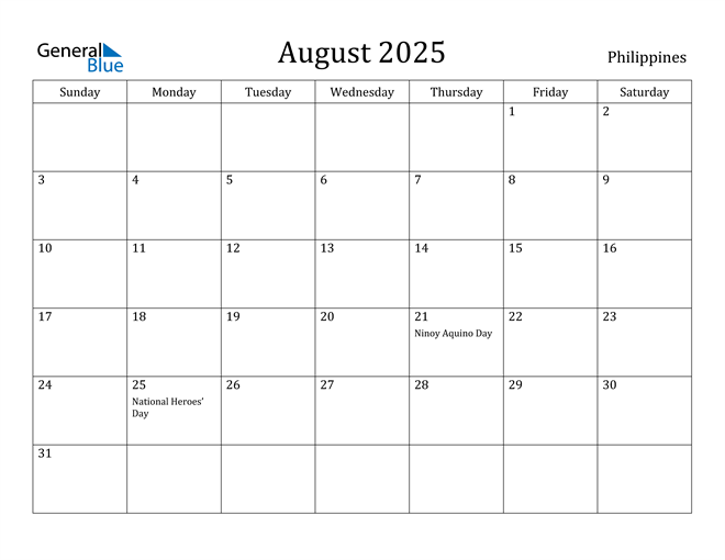 August 2025 Calendar with Philippines Holidays