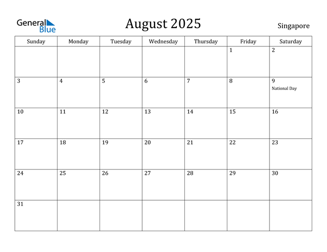 August 2025 Calendar with Singapore Holidays