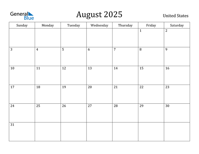 United States August 2025 Calendar with Holidays