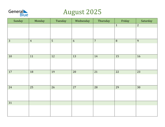 August 2025 Calendar (PDF Word Excel)