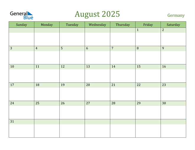 Germany August 2025 Calendar with Holidays