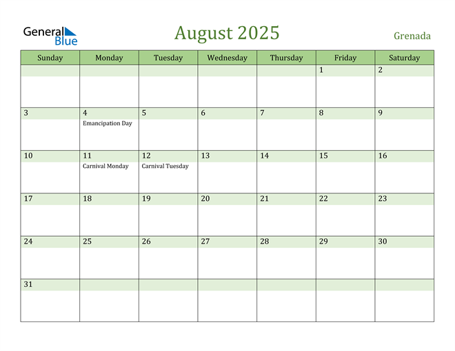 August 2025 Calendar with Grenada Holidays