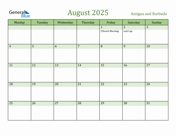 August 2025 Calendar with Antigua and Barbuda Holidays