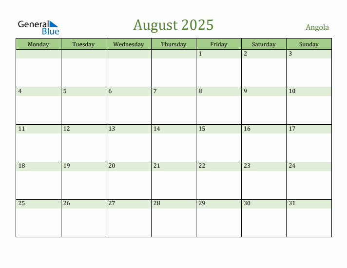 August 2025 Calendar with Angola Holidays