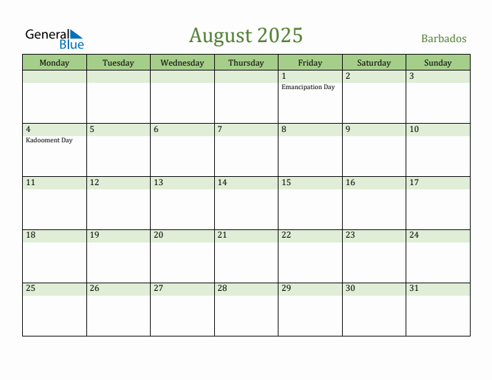 August 2025 Calendar with Barbados Holidays