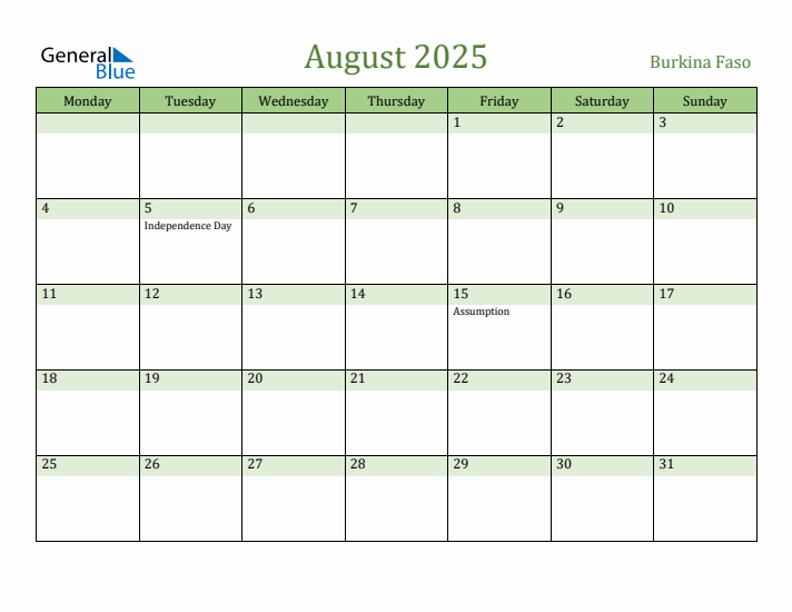 August 2025 Calendar with Burkina Faso Holidays