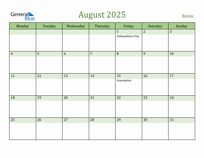 August 2025 Calendar with Benin Holidays
