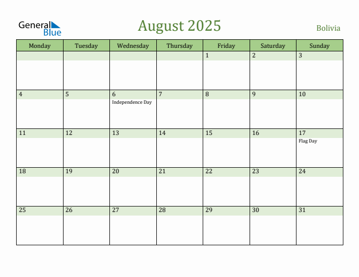 August 2025 Calendar with Bolivia Holidays