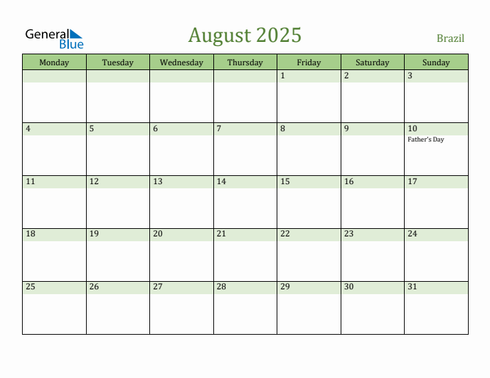 August 2025 Calendar with Brazil Holidays